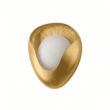 A modern, sculptural wall sconce featuring an abstract, organic shape with a textured gold finish, partially enclosing a spherical, frosted white light diffuser. — 3D model (AI enhanced source)