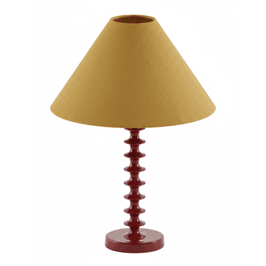 A table lamp featuring a red lacquered spindle base and a mustard yellow conical fabric shade. The base consists of multiple stacked, turned wooden elements, creating a distinctive profile, resting on a circular foot. — 3D model (AI enhanced source)