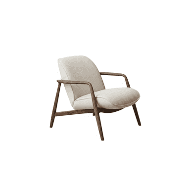 A contemporary lounge chair featuring a curved, off-white upholstered seat and backrest, supported by an exposed dark wood frame that forms the legs and armrests. The chair exhibits a minimalist design with clean lines and a comfortable aesthetic. — 3D model (AI enhanced source)