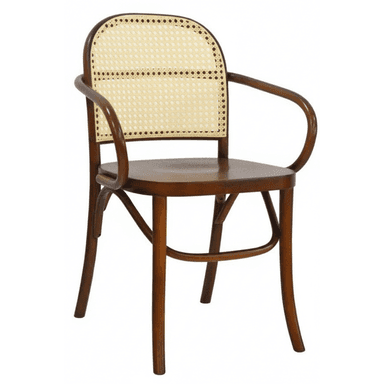 A classic bentwood armchair featuring a dark brown wooden frame, a cane-webbed backrest, and a solid wood seat. The frame exhibits distinctive steam-bent curves, particularly in the armrests and leg structure. The backrest is gently curved, providing ergonomic support, and the cane insert adds a textural and traditional element. — 3D model (AI enhanced source)