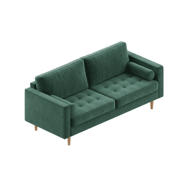 A modern two-seater sofa upholstered in luxurious emerald green velvet fabric, featuring button-tufted seat cushions, two rectangular back cushions, and narrow, straight armrests. It includes two matching cylindrical bolster pillows and stands on four light-colored wooden tapered legs. — 3D model (AI enhanced source)