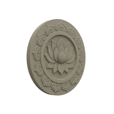 A circular bas-relief decorative object featuring a central, multi-layered lotus flower design. The lotus is encircled by a border composed of repeating, stylized heart-shaped or petal motifs. The object is rendered in a uniform light taupe, matte-finished material, likely a plaster, concrete, or composite stone, creating distinct shadows and depth with its shallow to moderate relief. — 3D model (AI enhanced source)