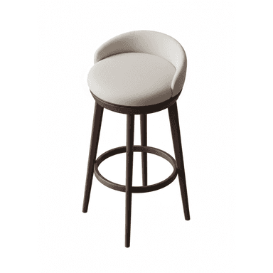 A contemporary bar stool featuring a comfortable upholstered seat and a low, curved backrest, supported by a sturdy four-legged wooden frame with a circular footrest. The upholstery is a light, possibly off-white, textured material, contrasting with the dark brown finish of the tapered wooden legs. — 3D model (AI enhanced source)