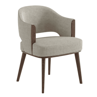 An upholstered armchair featuring a curved backrest and seat, integrated armrests with exposed dark wood accents, and four tapered wood legs. The upholstery is a light, textured fabric, likely a linen blend, in a neutral grey-beige color. The wood elements have a dark, warm finish, providing a contrast to the lighter fabric. The design is sleek and contemporary. — 3D model (AI enhanced source)