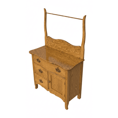 A traditional golden oak washstand featuring a combination of storage with two drawers on the left and a single cabinet door on the right, all adorned with ornate brass pull handles. The top surface is flat and polished, and an elevated back panel with a scalloped top edge supports a horizontal wooden towel bar. The piece stands on four shaped legs, with the front two exhibiting a gentle curve. The wood grain is prominent, indicative of solid oak construction. — 3D model (AI enhanced source)