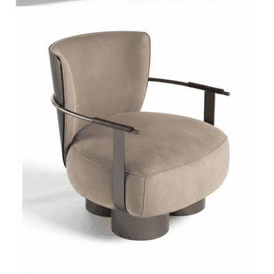 A sophisticated contemporary lounge armchair featuring a rounded, plush upholstered seat and backrest in a neutral beige or taupe tone. The chair is supported by a dark metallic frame that forms the base and extends upwards to encompass the back and form the armrests. The armrests have padded sections for comfort. The chair rests on a cylindrical swivel base, also in a dark metallic finish. — 3D model (AI enhanced source)