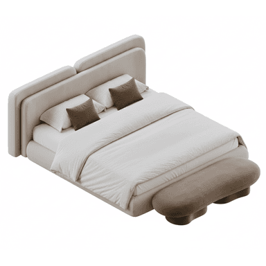A modern upholstered bed featuring a distinctive multi-panel headboard and a coordinating foot bench. The bed frame and headboard are covered in a light beige fabric, while the pillows and bench are a rich brown. The design emphasizes soft lines and rounded edges, characteristic of contemporary aesthetics. — 3D model (AI enhanced source)
