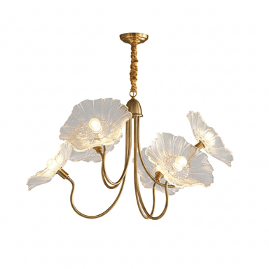 A ceiling-mounted lighting fixture featuring a brass-finished frame and five light sources. Each light is enveloped by a clear, textured glass shade, sculpted to resemble a flower with scalloped petals. The arms of the chandelier are elegantly curved, extending from a central support connected to a ceiling canopy by a short, fabric-wrapped suspension. — 3D model (AI enhanced source)