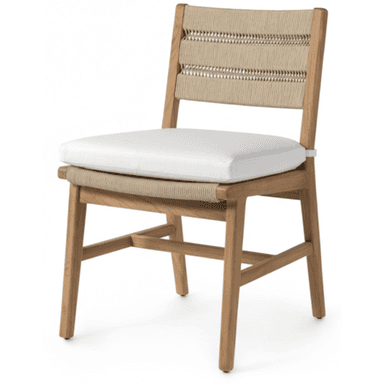 A contemporary dining chair featuring a natural teak wood frame, a woven rope backrest, and a removable white seat cushion. The chair has straight, slightly tapered legs and a light, airy design. — 3D model (AI enhanced source)
