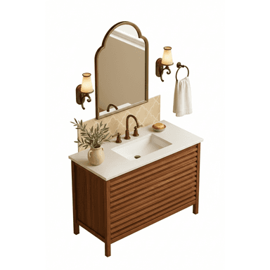 A complete bathroom vanity set featuring a slatted wood cabinet, an integrated white countertop and sink, a bronze-finish arched mirror, two matching wall-mounted sconces, and a bronze-finish faucet with a towel ring. — 3D model (AI enhanced source)
