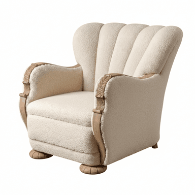 A cream-colored boucle armchair featuring a distinctive channeled backrest and carved wooden armrest supports and feet. The chair has a rounded, plush form, indicative of an Art Deco or Art Moderne aesthetic. The upholstery is a textured, off-white fabric, and the wooden elements display a light natural finish with intricate, leaf-like carvings. — 3D model (AI enhanced source)