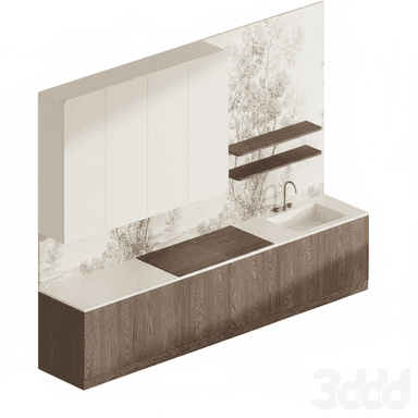 A modern integrated linear kitchen unit featuring a combination of base and upper cabinetry, a solid surface countertop with an integrated sink and cooktop, and floating wall shelves. The unit is set against a wall with a decorative botanical-themed panel. — 3D model (AI enhanced source)