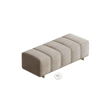 A modern rectangular upholstered bench featuring five channel-tufted sections on its seat, supported by a recessed, minimalist metallic base. The upholstery is a soft, light beige or taupe fabric, possibly velvet or suede, and the base has a subtle gold-tone finish. — 3D model (AI enhanced source)