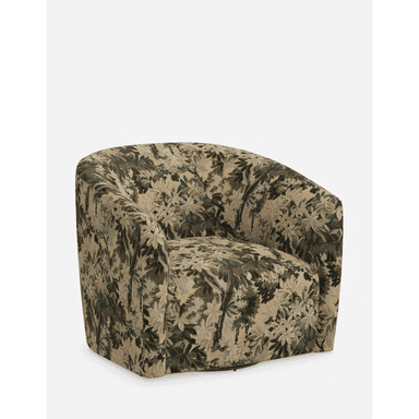 An upholstered barrel swivel armchair featuring a continuous, rounded back and arms. The chair is covered in a botanical tapestry fabric with shades of green, brown, and beige, depicting foliage. A swivel mechanism is discreetly integrated into the base. — 3D model (AI enhanced source)