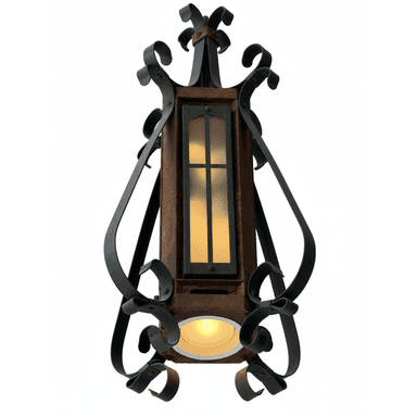 An ornate hanging lantern made of dark wrought iron and rusted metal, featuring frosted glass panels and intricate scrollwork. It has a downward-facing light source and emits light through the panels. — 3D model (AI enhanced source)