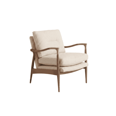 A stylish modern armchair featuring a solid wood frame with a warm finish, complemented by plush bouclé upholstered cushions in a light, neutral tone. The design incorporates elegant curved wooden armrests with subtle brass inlays and tapered legs finished with brass ferrules, giving it a sophisticated and inviting aesthetic. — 3D model (AI enhanced source)