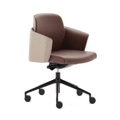 A contemporary swivel office chair featuring a two-tone upholstered design. The seat, inner back, and integrated armrests are covered in a rich brown material, while the outer back and armrests are upholstered in a contrasting light beige fabric. The chair sits on a five-star black metal base with casters for mobility and has a gas lift for height adjustment. — 3D model (AI enhanced source)