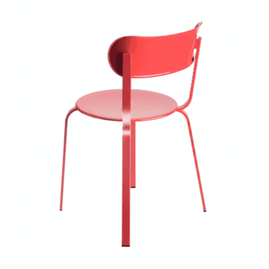 A bright red, single-piece chair, likely made of metal with a powder-coated finish. It features a circular seat and a gently curved backrest for ergonomic support. The four slender legs angle slightly outwards, suggesting stability, and the overall design is minimalist and contemporary. — 3D model (AI enhanced source)