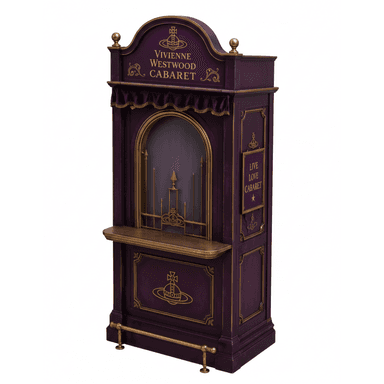 An ornate, deep purple and gold counter or booth, featuring Vivienne Westwood 'Cabaret' branding. It has a counter surface, an arched recess with decorative metalwork, a velvet valance, and a brass footrail at the base. The style is opulent and theatrical. — 3D model (AI enhanced source)