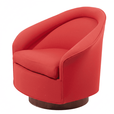 A contemporary red upholstered swivel armchair featuring a continuous, rounded backrest and integrated arms, set upon a dark wooden circular swivel base. — 3D model (AI enhanced source)