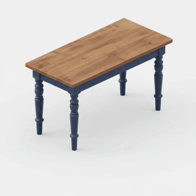 A long rectangular wooden bench featuring a natural wood top and a distressed dark blue painted base with intricately turned legs. — 3D model (AI enhanced source)