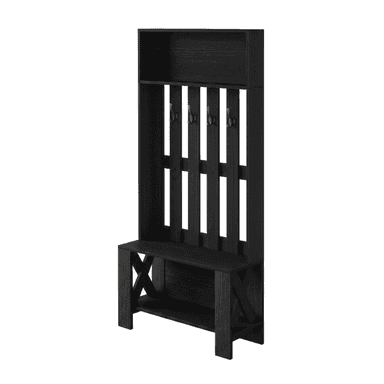A tall, dark wooden hall tree featuring an integrated bench, multiple coat hooks, and an upper storage shelf. The design includes X-bracing on the sides of the bench for structural support and an additional lower shoe shelf. — 3D model (AI enhanced source)