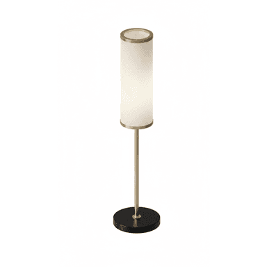 A contemporary table lamp featuring a tall, slender cylindrical frosted shade, supported by a polished brass stem, and anchored by a circular matte black base. The shade is accented with slim brass bands at the top and bottom. — 3D model (AI enhanced source)