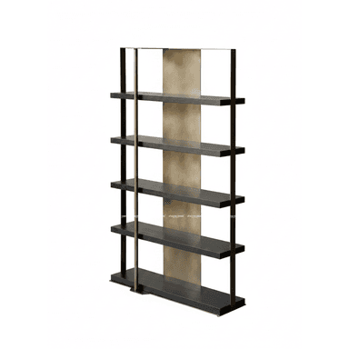 A tall, rectangular modern shelving unit featuring dark-stained wooden shelves and a minimalist dark metal frame. A contrasting vertical brass-toned rod runs down the front, and a wider brass-toned panel forms the central back support, providing a decorative element and structural stability. The design is open-backed, emphasizing clean lines and a contemporary aesthetic. — 3D model (AI enhanced source)
