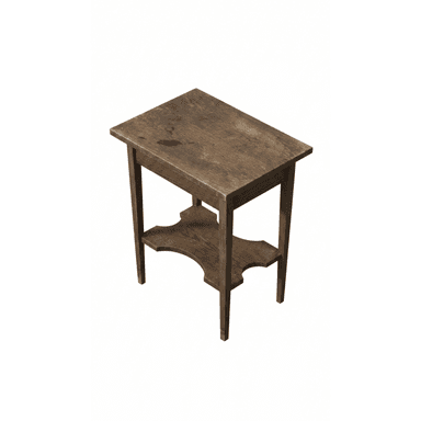A rustic, rectangular wooden accent table with two tiers. The upper surface is a simple rectangular tabletop, while a smaller, scalloped-edge shelf sits below, supported by four straight legs. The wood has a dark, distressed finish, showing natural grain and some imperfections. — 3D model (AI enhanced source)