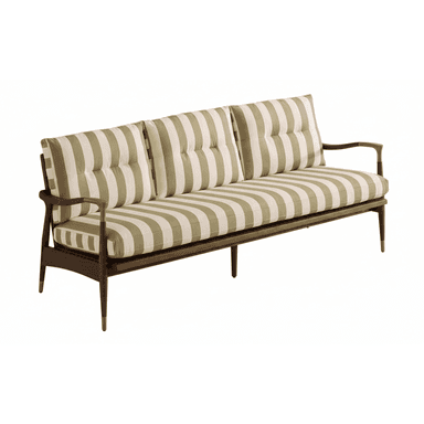 A contemporary three-seater sofa featuring a distinctive exposed dark wood frame, light olive green and off-white striped upholstery, and brass accents. The sofa has a linear silhouette with subtly curved wooden armrests, button-tufted back cushions, and tapered legs tipped with brass ferrules. — 3D model (AI enhanced source)