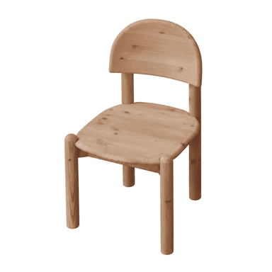 A minimalist chair crafted entirely from light-colored solid wood, featuring a rounded backrest that flows into the rear legs, a rounded seat, and thick cylindrical legs. The design emphasizes organic shapes and natural material. — 3D model (AI enhanced source)