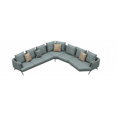 A contemporary U-shaped sectional sofa upholstered in a light teal or dusty blue fabric, featuring a low-profile design and slender black metal legs. The sofa consists of multiple modular components, including corner and armless sections, allowing for a versatile configuration. It comes with numerous back cushions and a selection of accent pillows in varying shades of beige and gray, adding texture and visual interest. The design emphasizes comfort and modern minimalism. — 3D model (AI enhanced source)