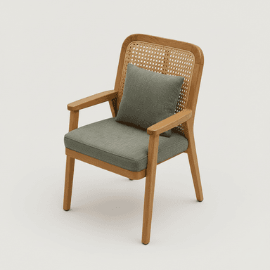 A contemporary armchair featuring a light wood frame, a caned backrest, and an upholstered seat cushion with a matching loose back pillow, all in a neutral color palette. — 3D model (AI enhanced source)