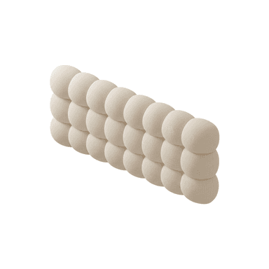 A modern upholstered headboard featuring a distinctive bubble-like texture created by individually padded spherical segments. The headboard is rectangular in form, composed of multiple rows and columns of these soft, rounded elements. It is presented in a light, neutral beige fabric, suggesting a contemporary and comfortable aesthetic. The item appears to be in new or excellent condition, with no visible signs of wear. — 3D model (AI enhanced source)