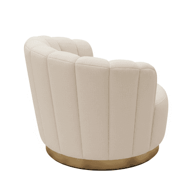 An upholstered accent chair with a distinctive fluted or channel-tufted backrest and rounded arms, finished in a cream-colored fabric and supported by a golden metal plinth base. — 3D model (AI enhanced source)