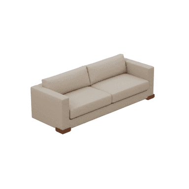 A two-seater sofa upholstered in light beige fabric, featuring straight, boxy track arms, two distinct seat cushions, two matching back cushions, and low rectangular wooden block feet. — 3D model (AI enhanced source)