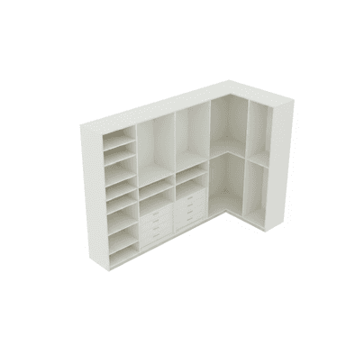 An L-shaped modular open closet system in a clean white finish, featuring a combination of open shelving compartments of various sizes and integrated drawers with minimalist handles. The unit is designed for corner placement and efficient organization of clothing and accessories. — 3D model (AI enhanced source)