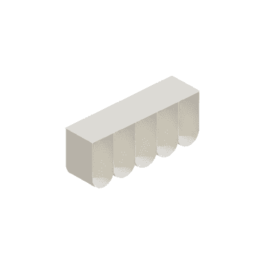 A minimalist, wall-mounted shelf unit with five open compartments. The unit has a clean, rectangular top surface and front face, with each compartment featuring a rounded, U-shaped opening at the bottom. The design is simple and modern, emphasizing vertical storage. — 3D model (AI enhanced source)