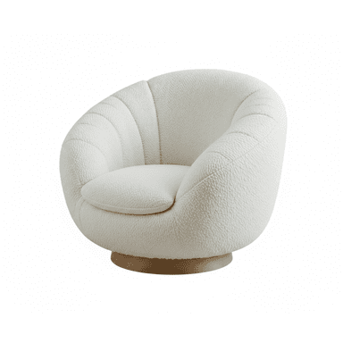 A contemporary rounded swivel lounge chair upholstered in a textured off-white boucle fabric, featuring a single seat cushion and a wooden plinth base. — 3D model (AI enhanced source)