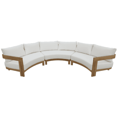 A modular outdoor sectional sofa with a curved design, featuring a wooden frame and white upholstered cushions and backrests. The sofa is composed of multiple curved sections connected to form a semi-circular arrangement. — 3D model (AI enhanced source)
