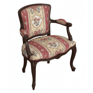 A single Rococo Revival style armchair featuring a dark, carved wooden frame and elaborate floral upholstery. — 3D model (AI enhanced source)