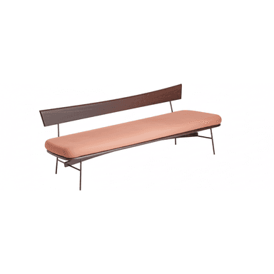 A sleek modern bench featuring a long, cushioned seat upholstered in a peachy-pink fabric, supported by a minimalist dark metal frame. It includes an integrated, gently curved backrest made from dark-toned wood, adding an elegant touch. The design emphasizes clean lines and a contemporary aesthetic. — 3D model (AI enhanced source)