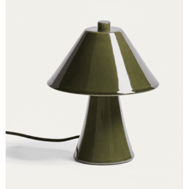 A contemporary olive green glazed ceramic table lamp with a distinctive mushroom-like shape. — 3D model (AI enhanced source)