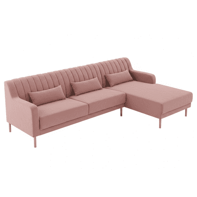 A modern right-hand facing sectional sofa upholstered in a blush pink velvet fabric. It features vertical channel tufting on the backrest, clean armrests, and rests on slender, tapered brass-finished metal legs. The sectional includes three matching rectangular lumbar support pillows. — 3D model (AI enhanced source)