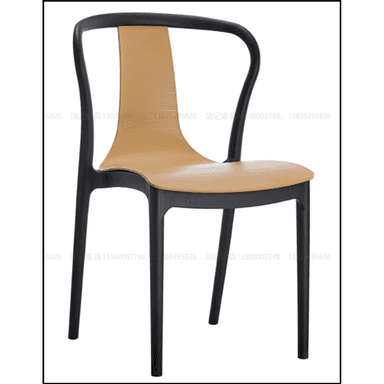 A contemporary dining armchair featuring a sleek black molded frame with subtly integrated armrests and an ergonomically curved back. The seat and the central portion of the backrest are upholstered in a light tan or beige material, likely faux leather, providing a two-tone aesthetic. The continuous frame forms the legs, seat support, and the rounded backrest. — 3D model (AI enhanced source)