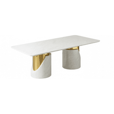 A contemporary rectangular dining table featuring a white marble tabletop and two distinctive pedestal bases. Each base is cylindrical, constructed from white marble with a prominent, curved cut-out revealing a polished brass inner cylinder. The design emphasizes a luxurious material contrast between the cool marble and warm metallic brass. — 3D model (AI enhanced source)