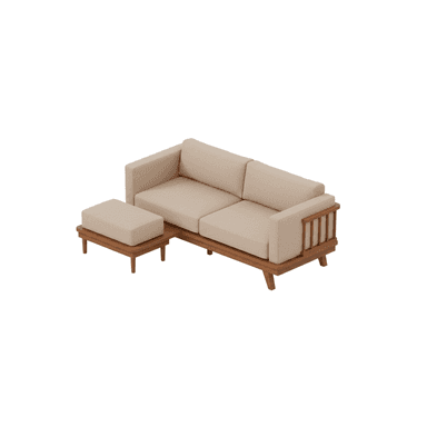 A modern two-seater sofa featuring a light-toned wooden frame and beige fabric cushions, accompanied by a matching ottoman. The sofa has open slatted sides and backrests. — 3D model (AI enhanced source)
