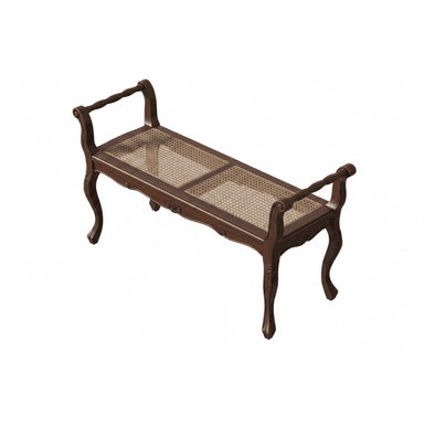 A classic French Provincial style bench featuring a dark stained wooden frame with intricate carvings and cabriole legs. The seat is constructed from two panels of woven cane, offering a breathable and textural surface. It includes gracefully curved armrests with carved details, enhancing its traditional aesthetic. The overall design suggests elegance and craftsmanship typical of 18th-century European furniture. — 3D model (AI enhanced source)