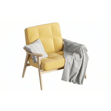A modern lounge chair featuring a bright yellow textured fabric upholstery and a visible, light-toned wooden frame. The chair includes tufted seat and back cushions, integrated wooden armrests, and splayed wooden legs. A striped decorative pillow and a grey knitted throw blanket are draped over it. — 3D model (AI enhanced source)
