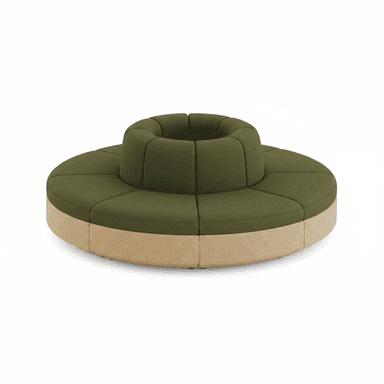 A circular modular seating unit featuring olive green textile upholstery for the cushions and a light-toned, possibly wood or composite, base. The unit has a central cylindrical opening, suggesting it is designed to accommodate a planter or other decorative element. The seating surface is divided into wedge-shaped upholstered segments, indicating a modular construction. — 3D model (AI enhanced source)